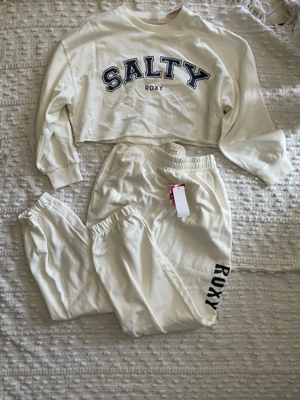 Roxy Cream Cropped Sweatshirt and Joggers Set with Navy Logos